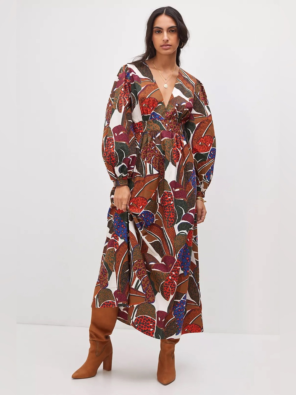 Farm Rio Anthropologie Deep V Neck Maxi Dress Puff Sleeve Printed Size 10